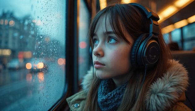 Pensive teen rides bus on rainy day. Girl in headphones looks out window at rain drops. Young female enjoys music during transportation, travel on public transport urban life.