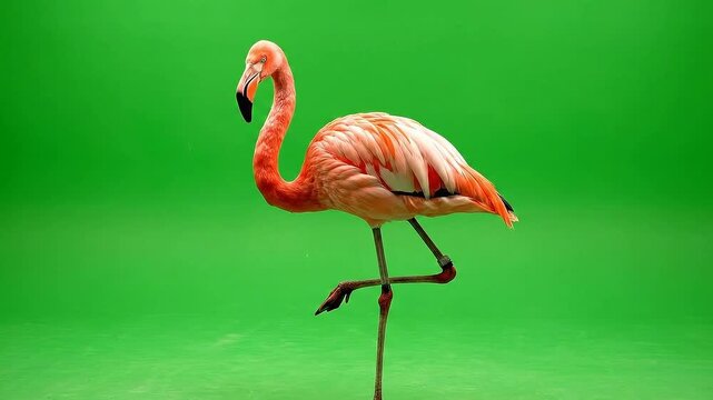 Pixelated Pink Flamingo Standing Still on One Leg Against a Vibrant Green Screen Background