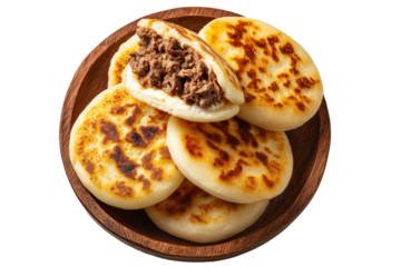 Grilled arepas plain sandwich filled with melted cheese and ground beef on wooden plate, isolated on white transparent background, concept of Latin street food