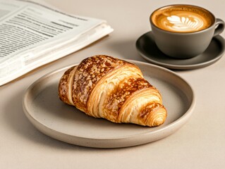 Delicious Freshly Baked Croissant with Coffee and Newspaper on Table