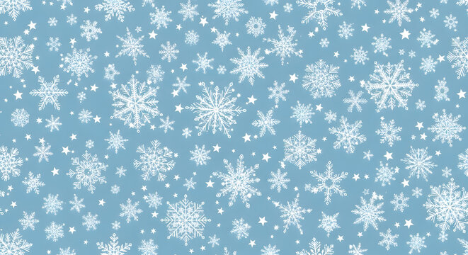 Blue winter seamless pattern with white intricate snowflakes.