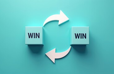 Conceptual image shows two cubes labeled WIN. Arrows circle around the cubes showing a win-win situation concept. Business strategy for success cooperation and mutual benefit.