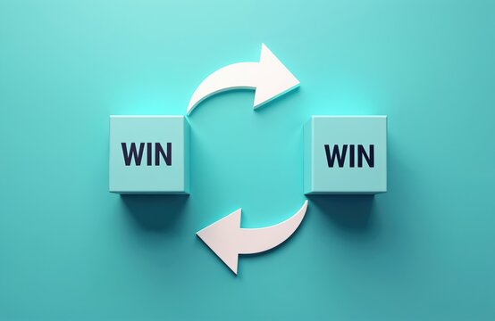 Conceptual image shows two cubes labeled WIN. Arrows circle around the cubes showing a win-win situation concept. Business strategy for success cooperation and mutual benefit.