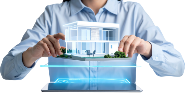A person holds a digital architectural model above a tablet. The model depicts a modern house with greenery - Powered by Adobe
