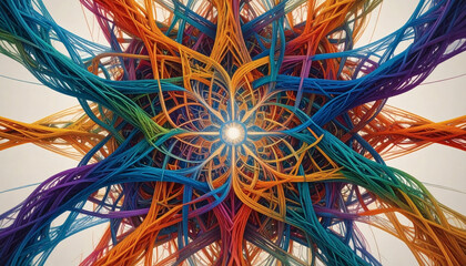 Abstract Colorful Fiber Art with Central Light Burst Design.