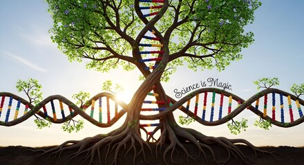 A majestic tree with vibrant green leaves and a DNA double helix intertwined in its branches, symbolizing the magic of science and nature's connection to genetics