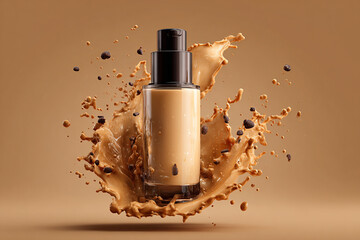 Cosmetic bottle immersed in a dynamic splash of light brown liquid with dark floating particles on a warm gradient background