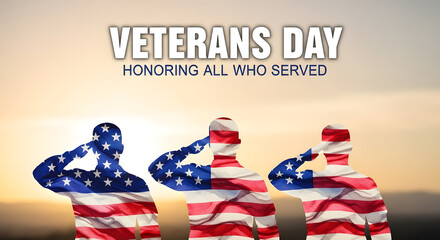 Veterans day tribute honoring all who served with flag silhouettes.