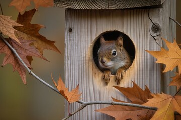 A squirrel peeks out from a round hole in a wooden tree house, with autumn leaves visible in the frame
