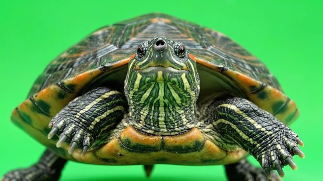 Red Eared Slider Turtle Close Up Portrait on Vibrant Green Chroma Background