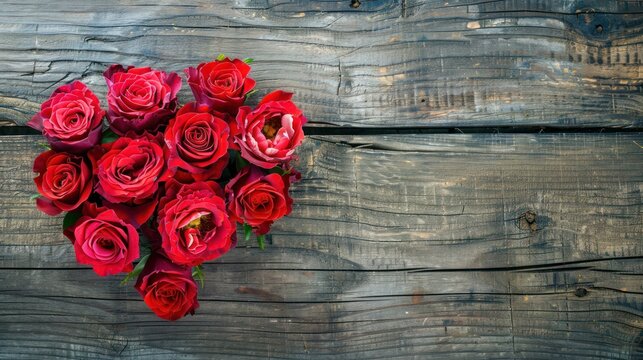 A bouquet of red roses arranged on a rustic wooden table with a weathered, dark brown finish.