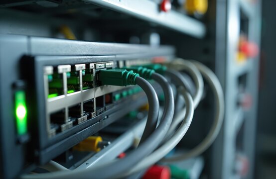 Industrial network switch many Ethernet cables plugged in. Green lights indicate data connection activity. Close-up of tech hardware inside factory control system cabinet rack. Equipment connects