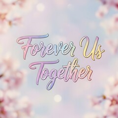 Colorful pastel text reading 'Forever Us Together' set against a soft, blurred background of pink blossoms and light bokeh effects, conveying themes of love and unity