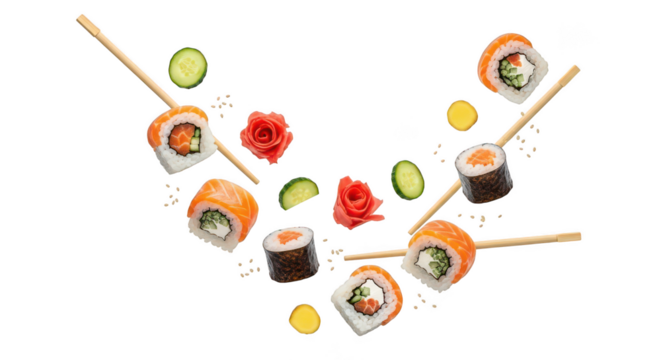 Dynamic Sushi Rolls Ingredients With Chopsticks On Black