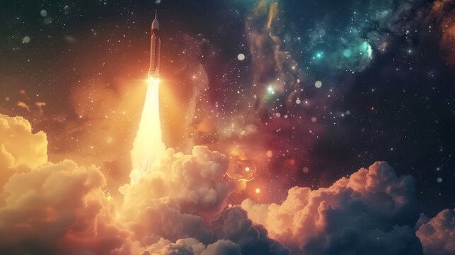 A rocket launching into space against a colorful, starry backdrop with a cloud in the foreground.