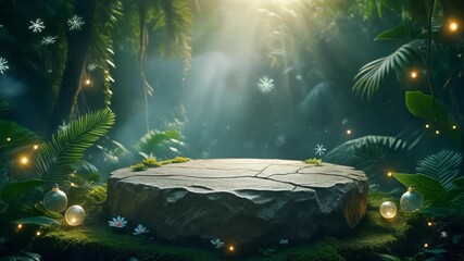 A circular stone podium in the heart of a tropical jungle, surrounded by mist and soft sunbe - Powered by Adobe