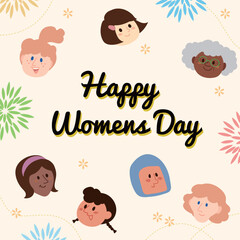 Cute Women's Day Happy Card Designs Various Cartoon Illustrations of Women and Girls with Flowers
