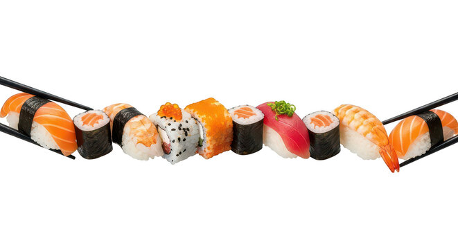 Fresh Japanese Sushi Nigiri And Maki Rolls With Chopsticks