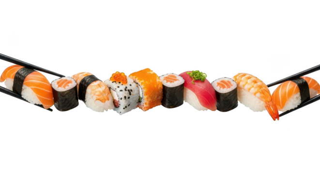 Fresh Japanese Sushi Nigiri And Maki Rolls With Chopsticks