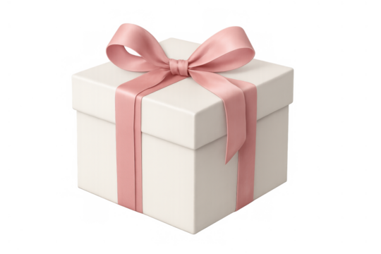 White gift box wrapped with pink ribbon and bow, symbolizing celebration, holidays, and special occasions