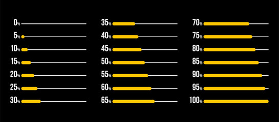 yellow progress bar percentage diagrams set, started 0 finished 100, increase 5, infographic elements collection, user interface vector illustration, pie chart dashboard symbols isolated