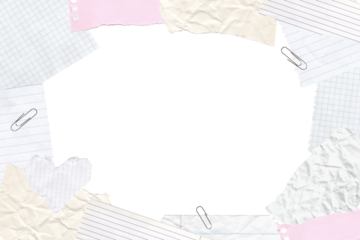 Torn paper notes and pastel scraps frame. Creative collage background. Isolated template for journaling, scrapbooking, digital planners, stationery, ephemera projects, posters, social media design.