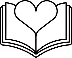 Illustration of open book heart shape inside as part of expressing affection through literature or gift in simple black and white vector