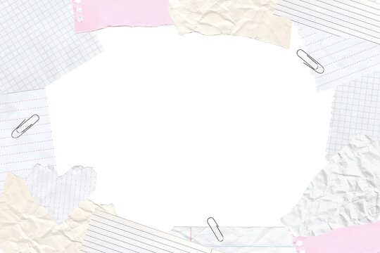 Torn paper notes and pastel scraps frame. Creative collage background. Isolated template for journaling, scrapbooking, digital planners, stationery, ephemera projects, posters, social media design.