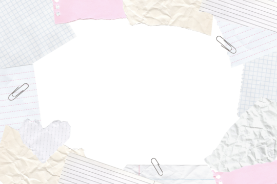 Torn paper notes and pastel scraps frame. Creative collage background. Isolated template for journaling, scrapbooking, digital planners, stationery, ephemera projects, posters, social media design.