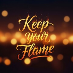 Inspirational quote with fiery text reading 'Keep your Flame' against a blurred warm background with glowing bokeh lights to motivate and encourage perseverance