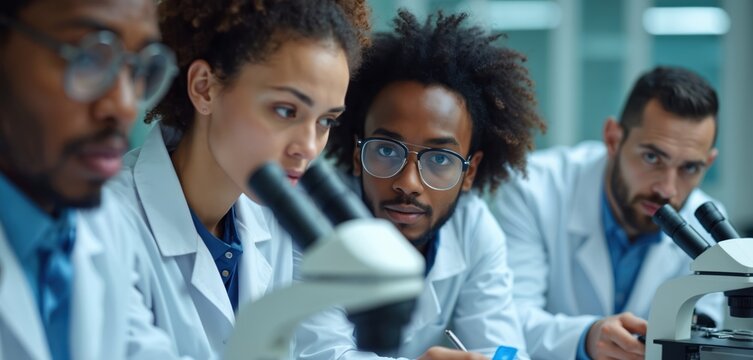 Diverse group of students in lab coats work with microscopes. Young men and women collaborate on scientific research project in modern laboratory setting. Teamwork and education for future careers.
