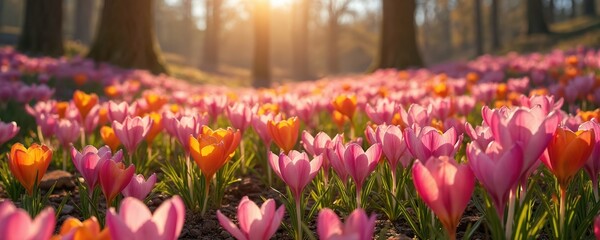 Field of pink and orange crocus flowers bloom in sunlight. Spring blossoms open in forest clearing. Many petals glow in warm golden hour light. Nature awakens with vibrant color.