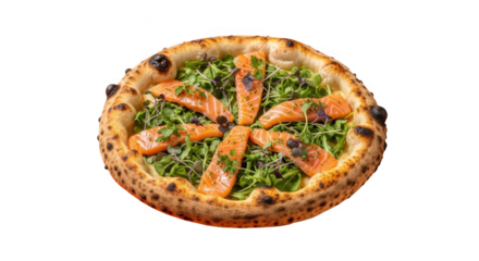 Delicious salmon pizza with green vegetables on a transparent background. Delicious salmon and arugula pizza with a crispy crust