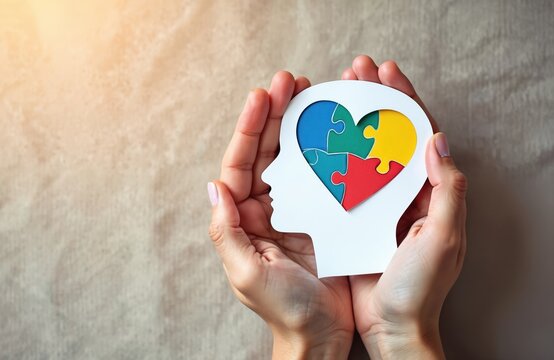 Hands hold paper head silhouette with colorful puzzle heart inside. Represents autism awareness, neurodiversity, mental health care, and support for individuals with spectrum conditions. - Powered by Adobe
