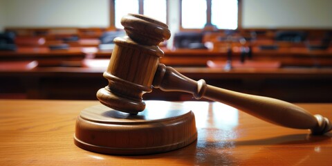 A wooden judge's gavel resting on a wooden desk in a courtroom with a wooden bench in the background.