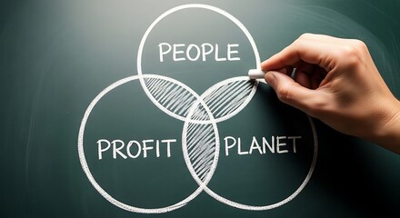 Hand drawing people planet profit venn diagram on chalkboard surface