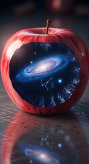 A red with a cosmic galaxy and constellation scene inside its cutout, creating a surreal and imaginative visual effect