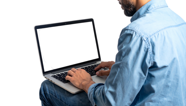 A person with a beard, wearing a denim shirt, works on a laptop with a blank screen. The image has a clean, isolated background