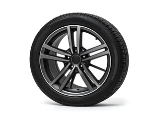 Obraz premium A close-up studio shot presents a single tire and wheel assembly against a stark white backdrop, showcasing automotive parts