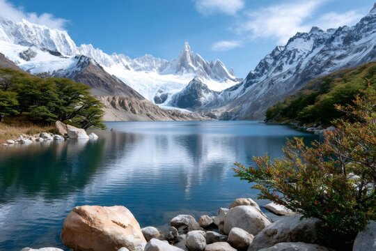 Cerro Torre mountain landscape reflection in glacial lake Patagonia