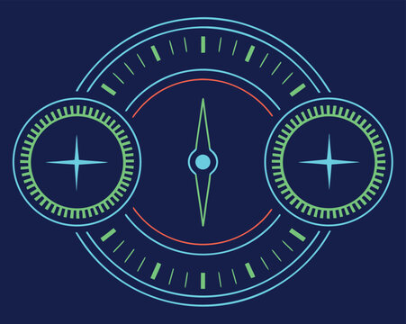 Stylized compass with two directional indicators and surrounding markings on dark blue navigation orientation