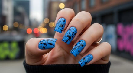 Edgy Blue Splatter Manicure in Urban Setting