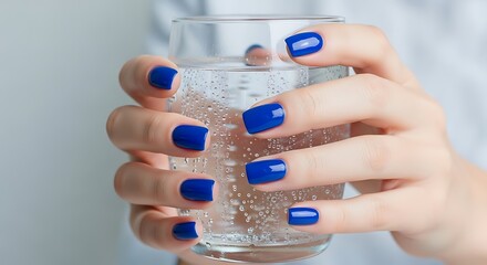 Blue Manicure Holding Refreshing Water Glass