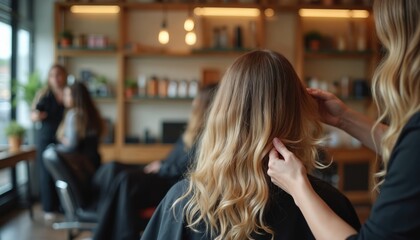 Blonde hairdresser styles woman hair at salon. Stylist touch female client blonde ombre hair. Beauty industry service. Hairstyle treatment in studio. Hairdresser works with hair color fashion trends.