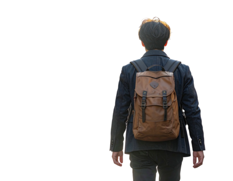 A person with a brown backpack walks away from the camera. They wear a dark jacket and have short, dark hair