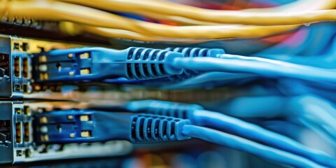 A network server with multiple blue and yellow cables connected to it.