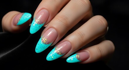 Bright Turquoise Glitter French Manicure Nails