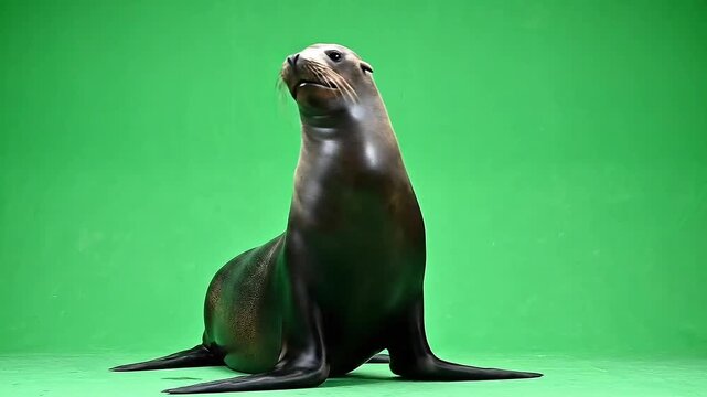 Sea Lion Posing Against Bright Green Screen Backdrop Isolated for VFX Compositing Applications Scientific Educational And Promotional Campaigns