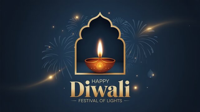 Golden Diya Lamp on Blue Diwali Celebration Design