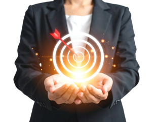 A person in a suit holds a glowing target with an arrow centered, symbolizing goals and success